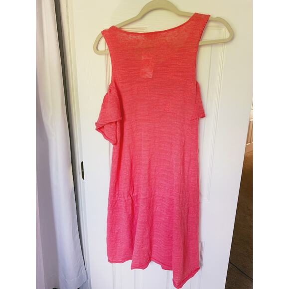 Minnie Rose Cold Shoulder Mini Dress Linen Cinch Waist Guava Pink Small Boho - Picture 3 of 8